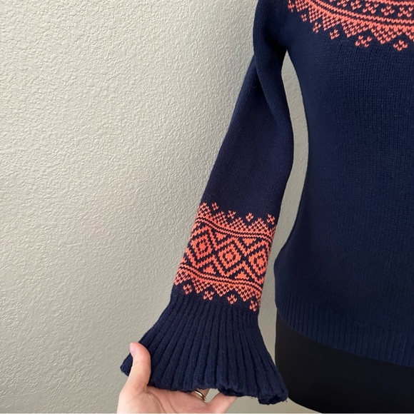 J. Crew Fair Isle Nordic Ruffle Sleeve Orange Navy Merino Wool Sweater Size XS - Picture 6 of 12
